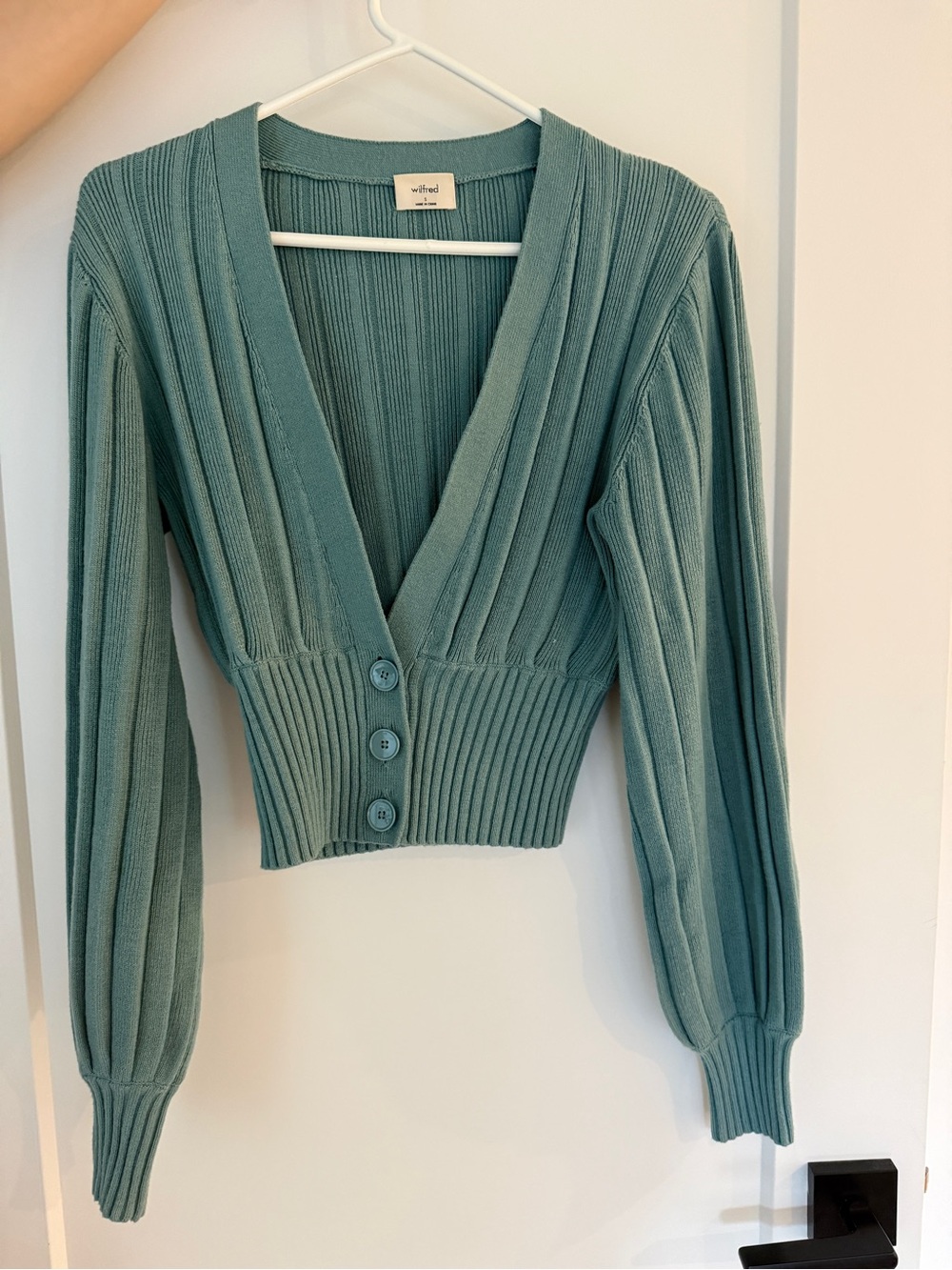 Wilfred Aritzia Teal Ribbed V-Neck Button Crop Knit Cardigan